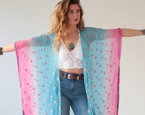 RAINBOW KISS KIMONO - Batwing - 70's - Vintage Sari - Summer - Boho - Sequin Festival Coat - Holiday Cape - 60's - Bespoke - Kaftan - Hippie