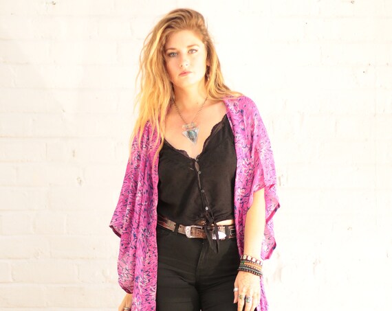 PINK POWER KIMONO - Maxi - Silk - Jacket - Bohemian Kimono - Beach Kaftan - Vacation - Asymmetric - Eco - Recycled Fabric - Oriental