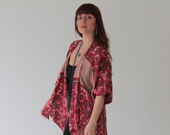 INDIAN FLOWER KIMONO - Silk - Cover Up - Bohemian - Kaftan - Asymmetric - Bespoke - Vintage silk - Eco Fashion - Up cycle - Free size - Gift