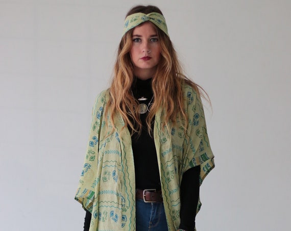 INDIAN SILK KIMONO - Full length - All season Cover Up - Cardigan - Kaftan - Vintage - Gunne Sax Inspired - Folk - 70's 60's - Recycled Silk
