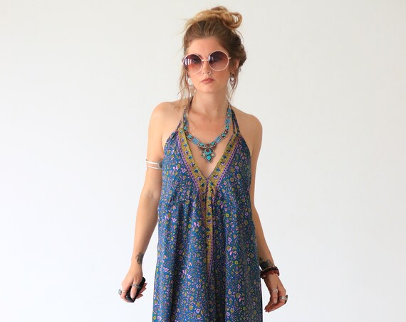 INDIAN LUXE DRESS - Backless Summer dress - Vintage Style - Indian Silk Dress - Up cycle - Evening Beach Dress - Wedding - Halter neck -