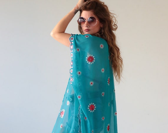 FREE SPIRIT KIMONO - Vintage Silk - Sari - Beach Kaftan - Summer Jacket - Bohemian - Maxi - Festival - Sequin Coat - Travel - Holiday - 70's
