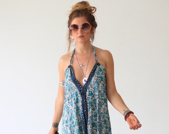 INDIAN FLORAL JUMPSUIT - Ruby Sparrow - Vintage all in one - Backless Hippie Harem - Beach - Up cycle - Summer - Boho - Festival Fashion