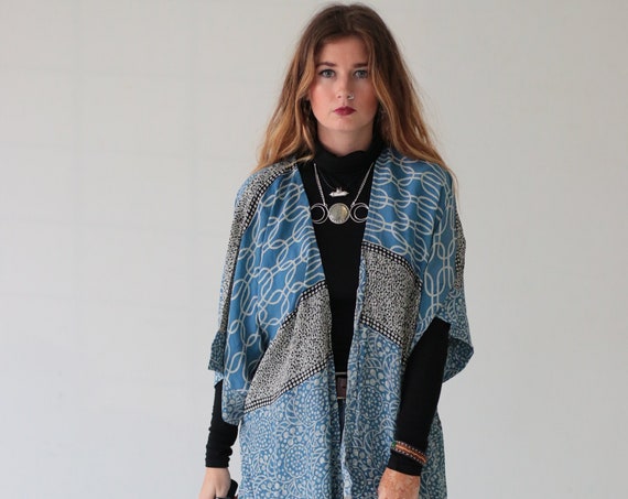 ICE BLUE KIMONO - Silk Cover Up - Bohemian Kimono - Beach Kaftan - Waterfall - Bespoke - 100% silk - Eco Fashion - Up cycle - Indian print