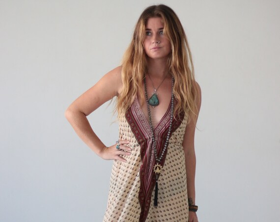 CREAM SILK JUMPSUIT - Indian Floral - Block print - Handmade - Vintage Sari fabric - Christening - Hippie - Halterneck - Couture - Upcycled