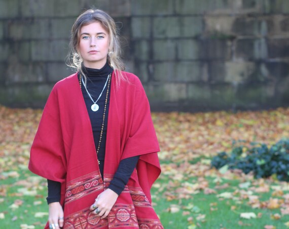 WINTER CAPE - Autumn / Fall Kimono - Shawl - Cotton Blanket scarf - Unisex Scarf - Aztec - Oversized Scarf - Vintage Fabric - Boho - Gift