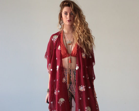 SEQUIN RUBY KIMONO - Vintage Fabric - Up-cycled kaftan - Festival Jacket - Summer - Beach - Holiday - Boho - Wedding - Silk Cover up