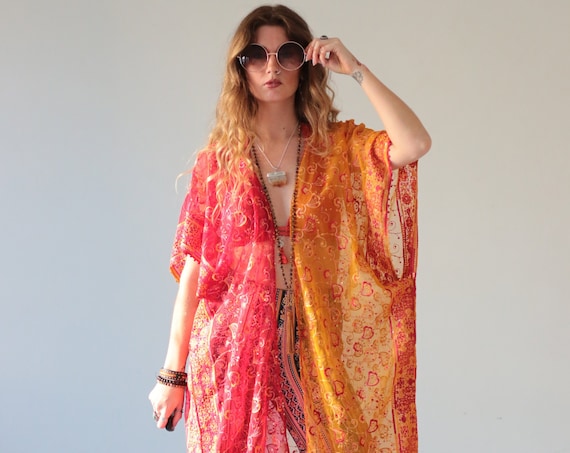 BOHEMIAN SUNRISE KIMONO - One of a kind Silk Kaftan - Batwing Jacket - Beach - Summer Cover up - Vintage Sari Silk - Up cycle - Festival