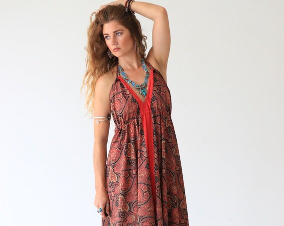 BACKLESS PAISLEY DRESS - Vacation - Vintage Summer dress - Indian - Up cycle - Beach - Hippie - Maxi dress - Holiday - Gift - Evening dress
