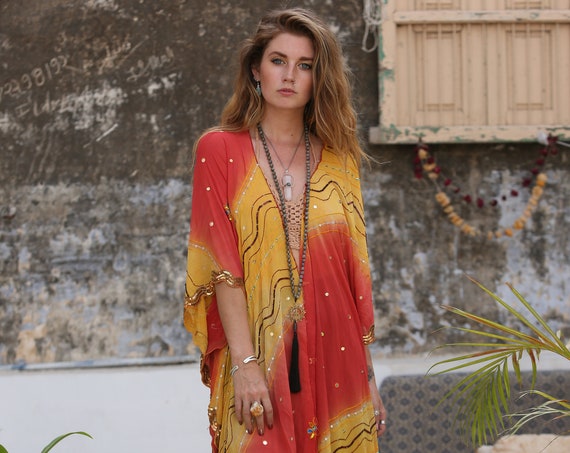 INDIAN SEQUIN KIMONO - Embellished - Vintage - kaftan - Festival - Summer - Vacation - Holiday - Boho - Wedding - Eco Fashion - Cover Up