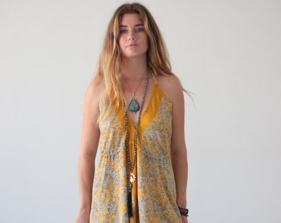 SOUL SHINE JUMPSUIT - Indian Silk - Block print - Handmade - Vintage Sari - Autumn - Hippie - Halter neck - Couture - Recycled - All in one