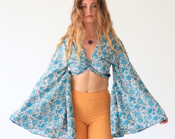 FLORAL BELL SLEEVE - Crop Tie top - Kimono - Vintage Silk - Bohemian - Retro - 70s - 60'S - Recycled - Free size Indian top - Paisley top