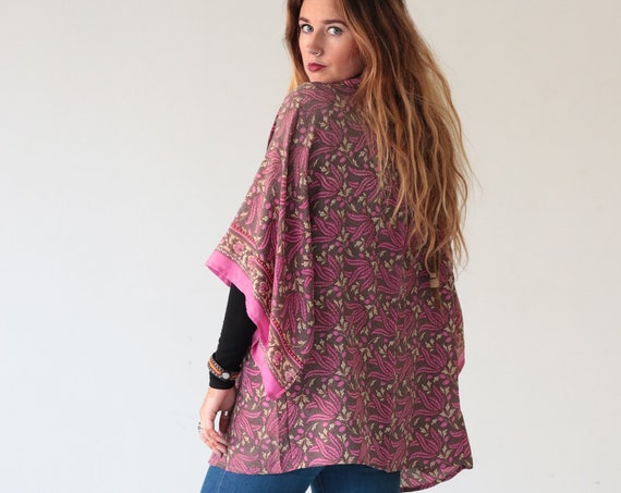 FLORAL PINK KIMONO - Maxi - Silk - Jacket - Bohemian Kimono - Beach Kaftan - Vacation - Asymmetric - Eco - Recycled Fabric - Oriental