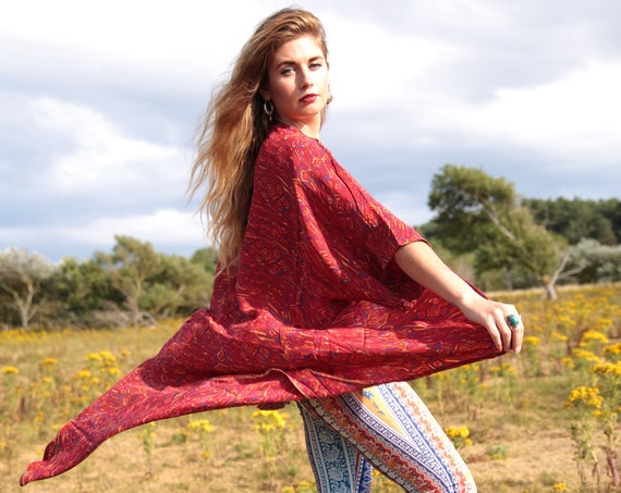 RED FLAME KIMONO - Silk - Cover Up - Bohemian - Beach Kaftan - Asymmetric - Bespoke - 100% silk - Eco Fashion - Up cycle - Freesize