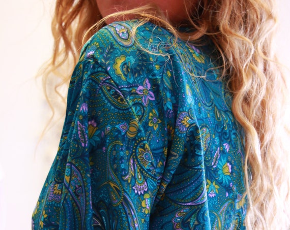 RUBY SPARROW CROP - Boho Bell sleeve - Vintage Fabric - Retro - Bohemian - Kimono - Up cycled Summer Kaftan - Silk Blend Wrap Top - Tie Top
