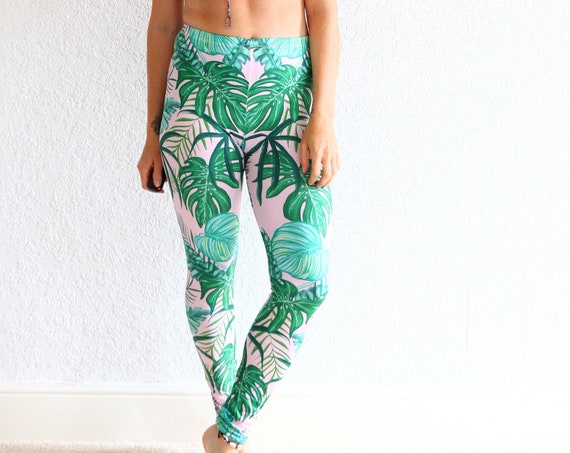TROPICAL PALM LEGGINGS - Bohemian Active wear - Yoga - Fitness - Workout Wear - Festival Pants - Leaf Print Leggings - Soft Fabric - Summer