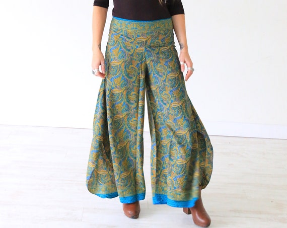 PAISLEY BLUE FLARES - Limited Edition Silk Flares - Handmade - Vintage - Festival - Hippie Style - Wide leg - Skirt - Maxi trouser - 70's