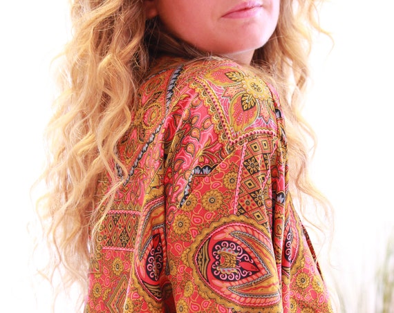 AUTUMN FIRE CROP - Ruby Sparrow bell sleeve - Vintage Fabric - Retro - Bohemian - Kimono - Up cycle - Summer - Kaftan - Silk Blend Crop Top
