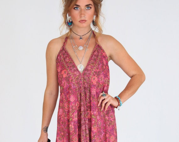 FLORAL FOLK DRESS - Hippie Maxi Dress - Vintage Re-worked Dress - Silk Blend - Beach Wedding - Holiday - Vacation - Halter neck Backless