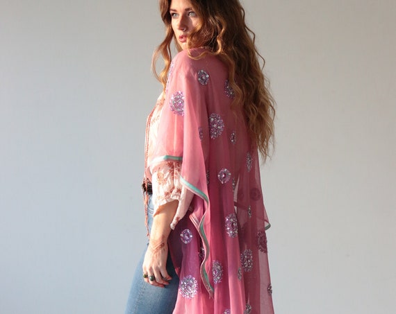 RAINBOW SKY KIMONO - 70's inspired - Vintage Sari - Summer Festival Jacket - Sequin - Holiday Beach Cover up - Cape - 60's - Stevie Nicks