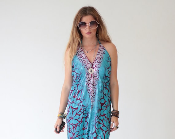 TURQUOISE MERMAID JUMPSUIT - Silk - Statement - Handmade - Vintage Sari fabric - Festival - Hippie - Halter neck Re-worked All in one - Boho