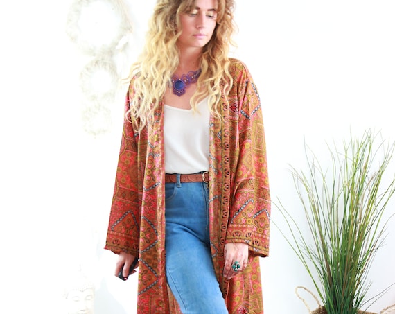 FULL LENGTH KIMONO - Long Flowing Cape - Cover Up - Kaftan - Vintage - Dressing Gown - Wrap Around Dress - House Coat - 60's Gypsy