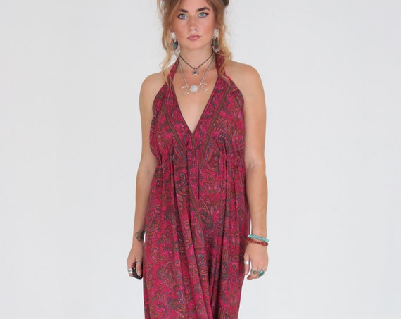HAREM SILK JUMPSUIT - Pink Red Paisley - Super Soft - Vintage Sari Silk - Hippie - Halter neck Backless Jumpsuit - Floaty - All Seasons