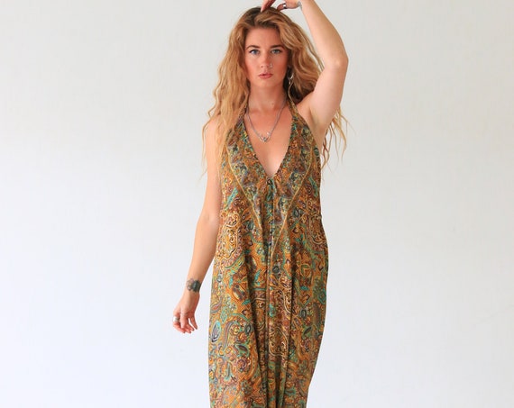 INDIAN FOLK JUMPSUIT - Harem Jumpsuit - Super Soft - Vintage Sari Silk - Hippie - Halter neck Backless Jumpsuit - All season Romper Playsuit
