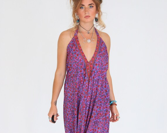 INDIAN FOLK JUMPSUIT - Harem Jumpsuit - Super Soft - Handmade - Vintage Sari Silk - Hippie - Halter neck Backless Jumpsuit - Floaty Fabric