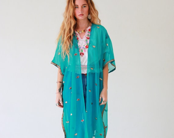 OCEAN GODDESS KIMONO - Vintage - Up-cycled kaftan - Festival wear - Summer - Vacation - Holiday - Boho - Wedding - Eco fashion - Spring Wear