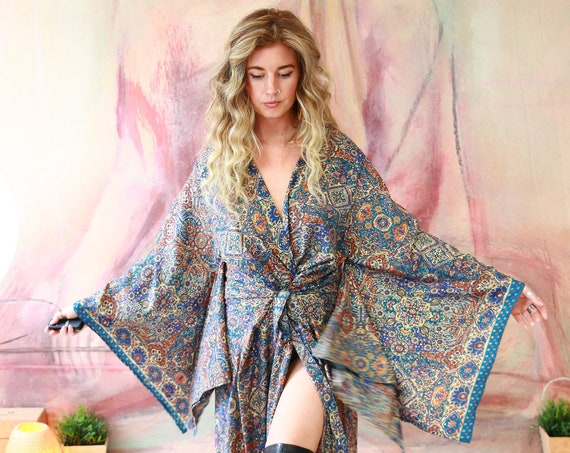 BLUE GOLD KIMONO - Huge Bell sleeve Dress - Kimono Jacket - Kaftan - Floor length maxi - Dress Jacket - Gold Print Sari Fabric - Batwing