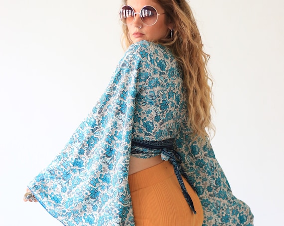 FLORAL BELL SLEEVE - Crop Tie top - Kimono - Vintage Silk - Bohemian - Retro - 70s - 60'S - Recycled - Free size Indian top - Paisley top