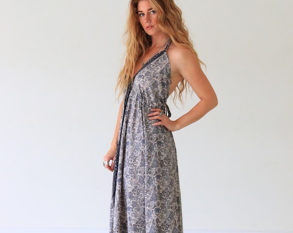 BACKLESS PAISLEY DRESS - Vacation - Vintage Summer dress - Indian - Up cycle - Bohemian witch - Maxi dress - Holiday - Winter Evening Dress