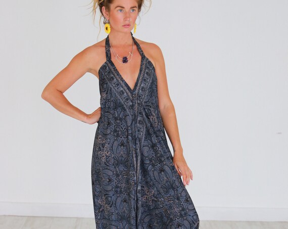 VINTAGE HAREM JUMPSUIT - Super Soft Silk Blend - Vintage 70's - 60's Paisley Sari - Hippie - Halterneck - Backless - loose Trouser - Beach