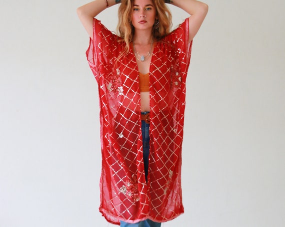 RUBY SKY KIMONO - 70's inspired - Vintage Sari - Summer Festival Jacket - Sequin - Holiday Beach Cover up - Cape - 60's - Stevie Nicks