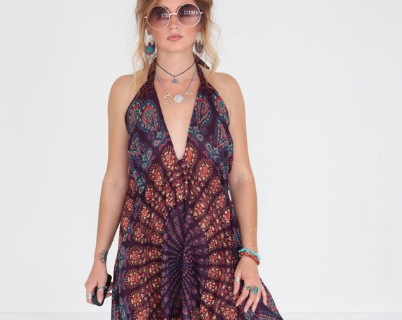 MANDALA JUMPSUIT - Cotton - Festival Style - Re-worked Vintage - Mandala Blanket - Hippie Harem Pants - Travel Outfit - Backless sun Dress