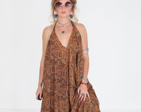 WIDE LEG JUMPSUIT - Earth Paisley - Vintage Silk - Festival - Backless Summer Dress - Casual - Bespoke - Travel - Maxi Playsuit - Harem