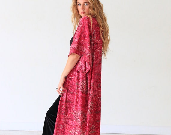 PINK PAISLEY KIMONO - Luxury Silk Kimono - Long Jacket - Full length Cape - Beach Cover Up - Vintage kaftan coat - Stevie Nicks Style Coat
