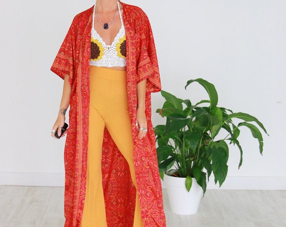 RHUBARB SKY KIMONO - Long Flowing Cape - Cover Up - Kaftan - Vintage - Dressing Gown - Wrap Around Dress - House Coat - 60's Gypsy