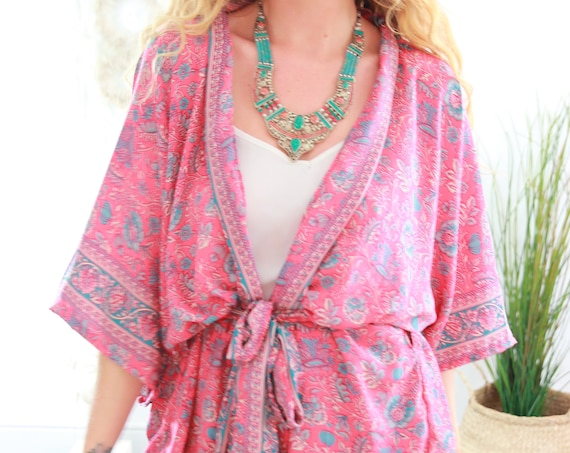 SKY PINK KIMONO - Recycled silk jacket Kaftan - Vacation - Recycled Fabric - Summer Jacket - Autumn - Wrap Top - Sari Top - Peasant cardigan