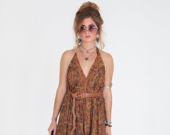 WIDE LEG JUMPSUIT - Earth Paisley - Vintage Silk - Festival - Backless Summer Dress - Casual - Bespoke - Travel - Maxi Playsuit - Harem