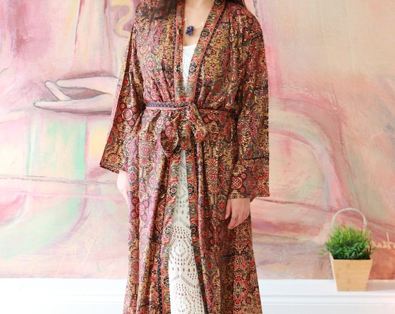 GODDESS KIMONO JACKET - Gold print fabric - Luxury Full length Coat - Cape - Ruby Sparrow Kaftan - Dressing Gown - Wrap Around cover up