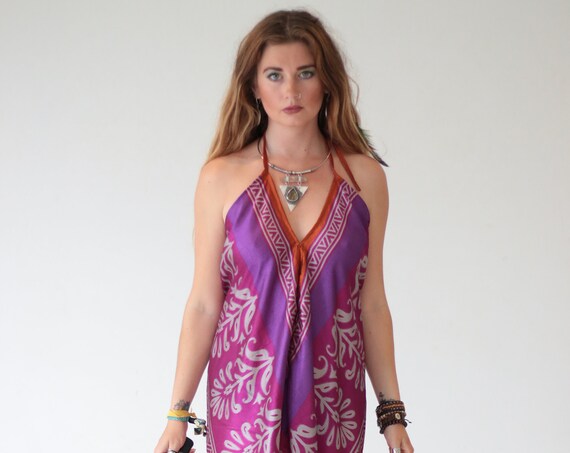 PURPLE POWER JUMPSUIT - Summer Wedding - Festival All in one - Handmade - Vintage - Hippie - Halter neck backless Jumpsuit - Silk Blend Sari
