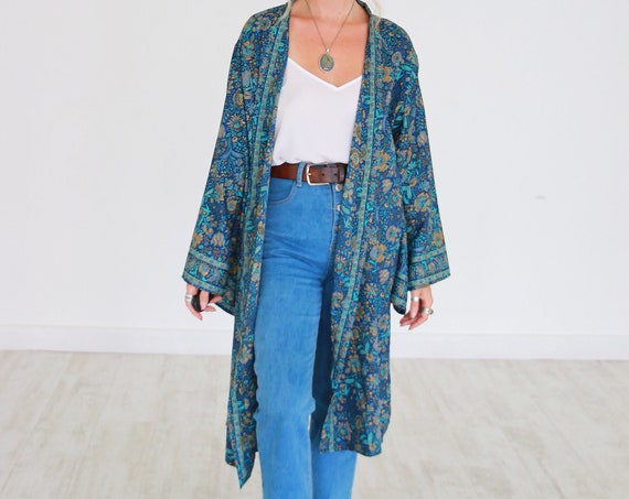 MID LENGTH KAFTAN - Indian Silk Cardigan - Cover Up - Bohemian Beach Kaftan - Lounge Dress - Wrap Around Kimono - Lingerie - Summer Jacket