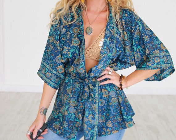 RUBY SPARROW CROP - Bohemian Silk Kaftan - Vacation Top - Slow Fashion - Wedding Outfit - Summer - Autumn Shawl - Wrap Top - Indian Jacket