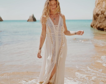 ATHENA GODDESS DRESS - Bio Baumwolle - Hippie Maxi Kleid - Hippie Strand Wear - Boho Hochzeit - Weißes Sommerkleid - Block Print - Brautmode