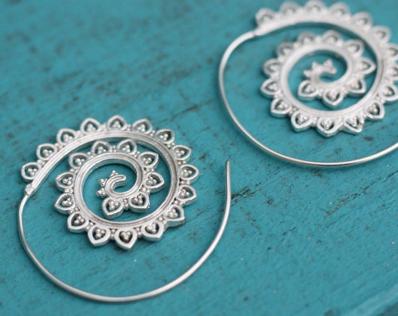 TRIBAL TWIST EARRINGS - Statement Tribal Twist Earrings - Silver Earrings - Sacred Geometry inspired - Mandala Jewelry - Flower jewellery