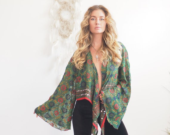 FOREST GREEN TOP - Sheer bell sleeve - Recycled Fabric - Vintage Kimono - Heavily embroidered - Embellished - Sequin jacket - 70's Hippie