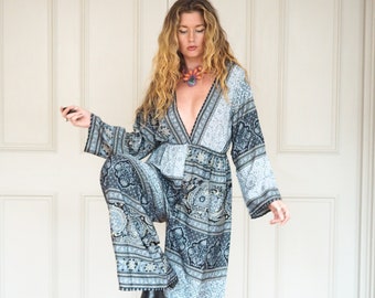 BARDOT SILK JUMPSUIT - Wide leg Boiler Suit - Straight leg - Recycled Sari Silk - Gunne Sax Style - Boho Christmas Outfit - Plunging V neck