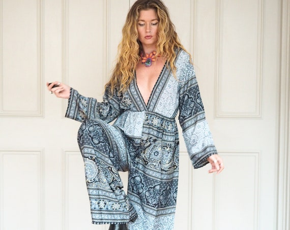 BARDOT SILK JUMPSUIT - Wide leg Boiler Suit - Straight leg - Recycled Sari Silk - Gunne Sax Style - Boho Christmas Outfit - Plunging V neck